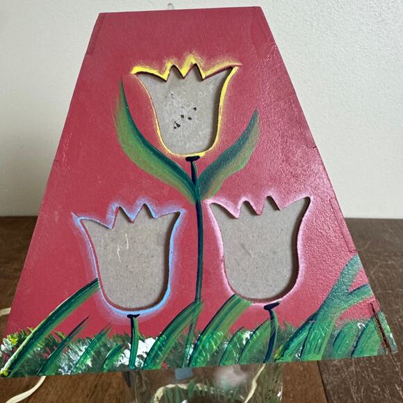 Hand Crafted mason jar lamp floral WELCOME Tulip cutout on shade WORKS - Picture 6 of 9